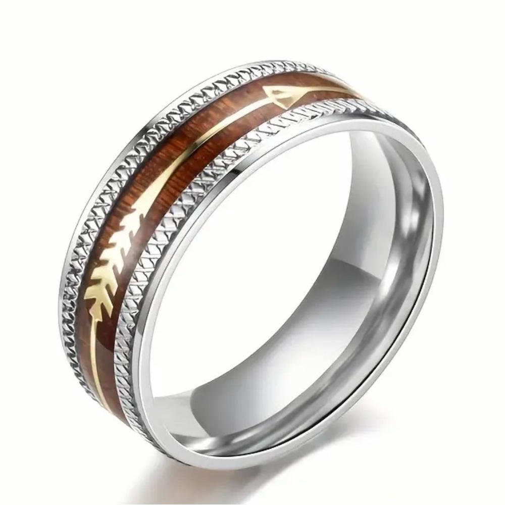 Men’s Stainless Steel Silver with Wood Grain Trim 8mm Band Size 9